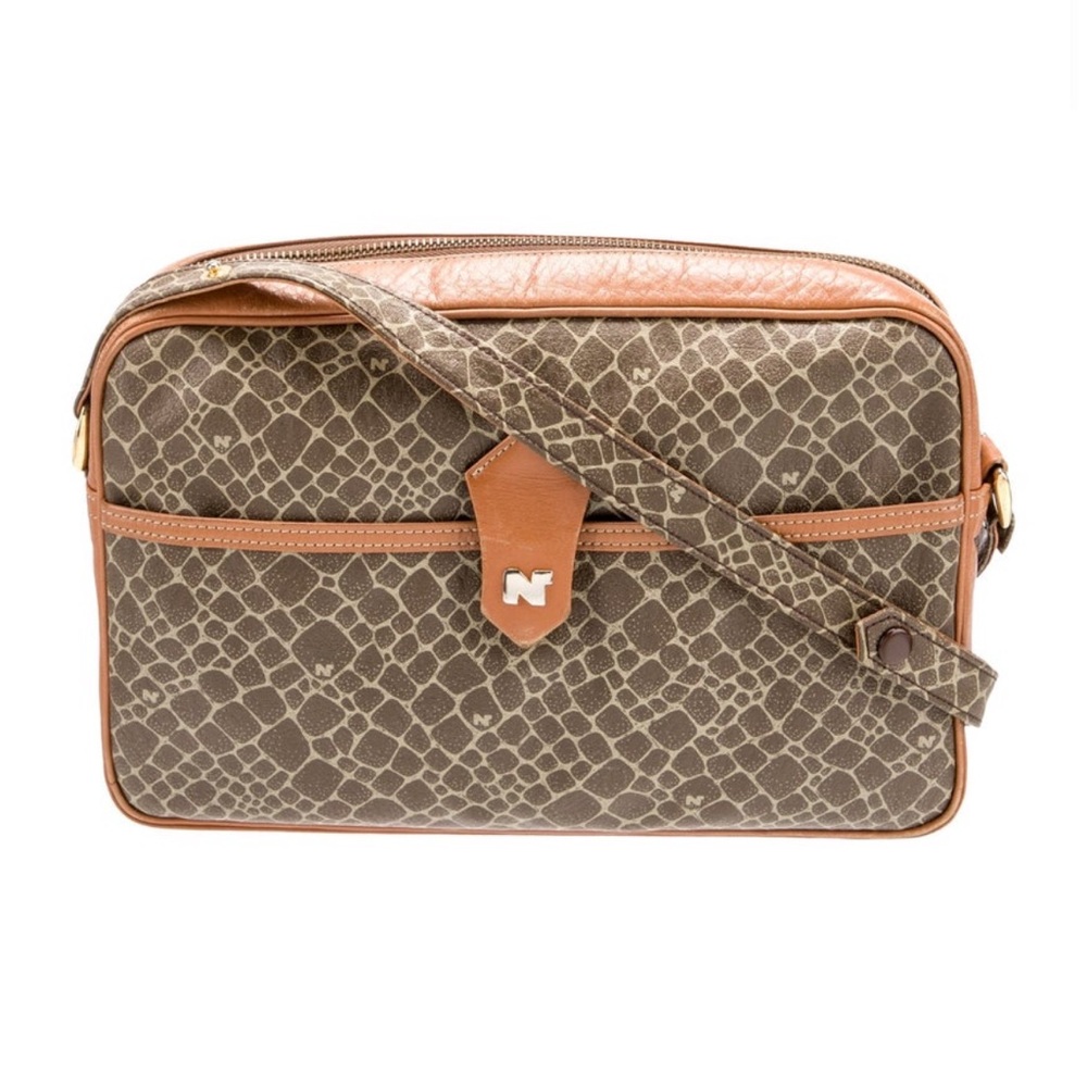 NINA RICCI VINTAGE MONOGRAM LEATHER SHOULDER BAG BROWN